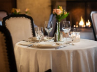 A set table in a restaurant.
