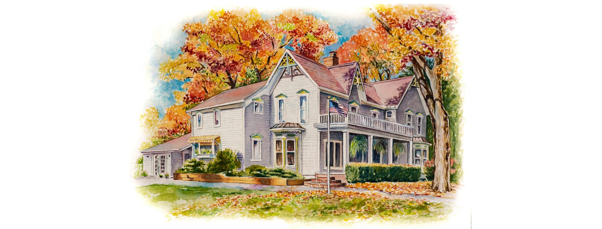 Image of watercolor exterior of white building with fall trees surrounding