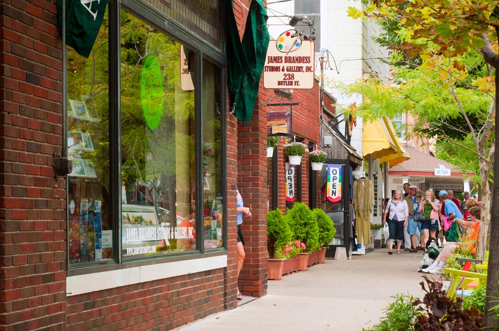 The beautiful downtown of Saugatuck, Michigan, located near Saugatuck Dunes State Park